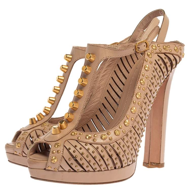 Pre Owned Alexander McQueen Beige Leather Studded Slingback Platform Sandals Size 38