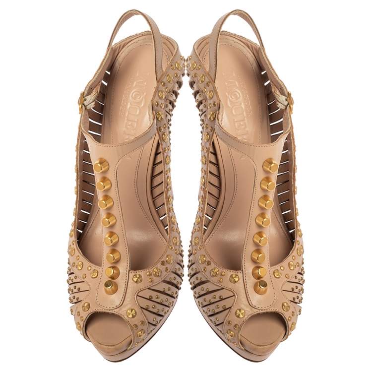 Pre Owned Alexander McQueen Beige Leather Studded Slingback Platform Sandals Size 38