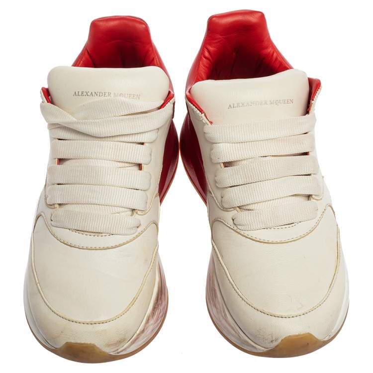 Pre Owned Alexander McQueen White/Red Leather Oversized Runner Low Top Sneakers Size 36