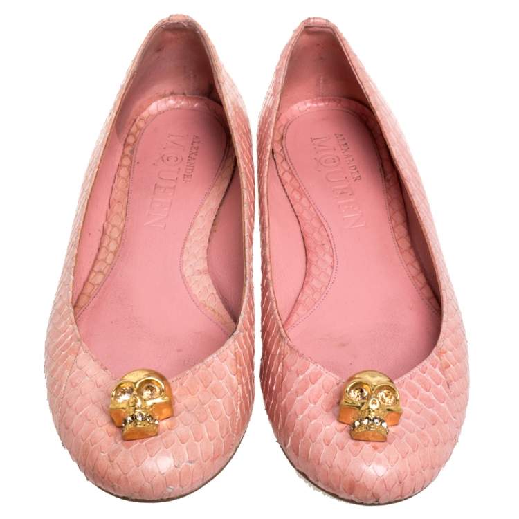 Pre Owned Alexander McQueen Pink Python Leather Skull City Ballet Flats Size 38