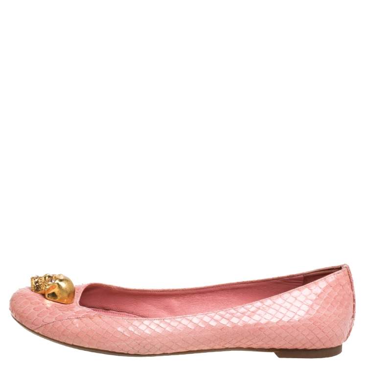 Pre Owned Alexander McQueen Pink Python Leather Skull City Ballet Flats Size 38