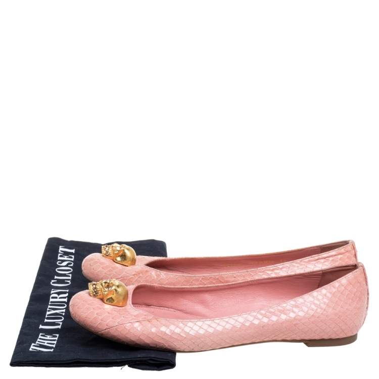 Pre Owned Alexander McQueen Pink Python Leather Skull City Ballet Flats Size 38