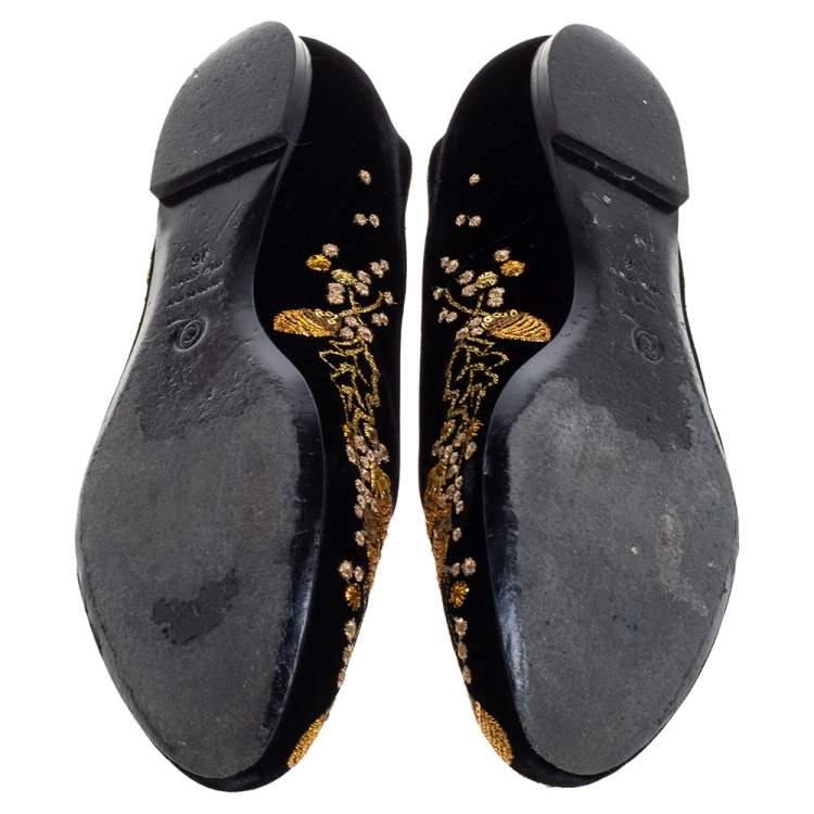 Pre Owned Alexander McQueen Black/Gold Velvet Embroidered Acorn Smoking Slippers Size 36