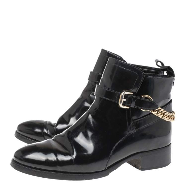 Pre Owned Alexander McQueen Black Leather Chain Detail Buckle Ankle Boots Size 38