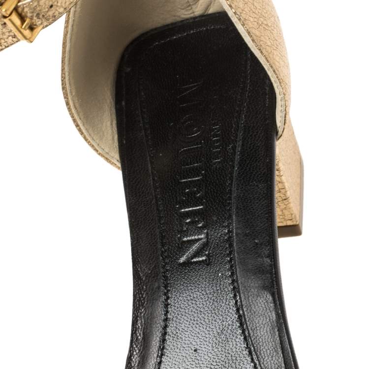 Pre Owned Alexander McQueen Gold/Black Leather Studded Ankle Wrap Sandals 39
