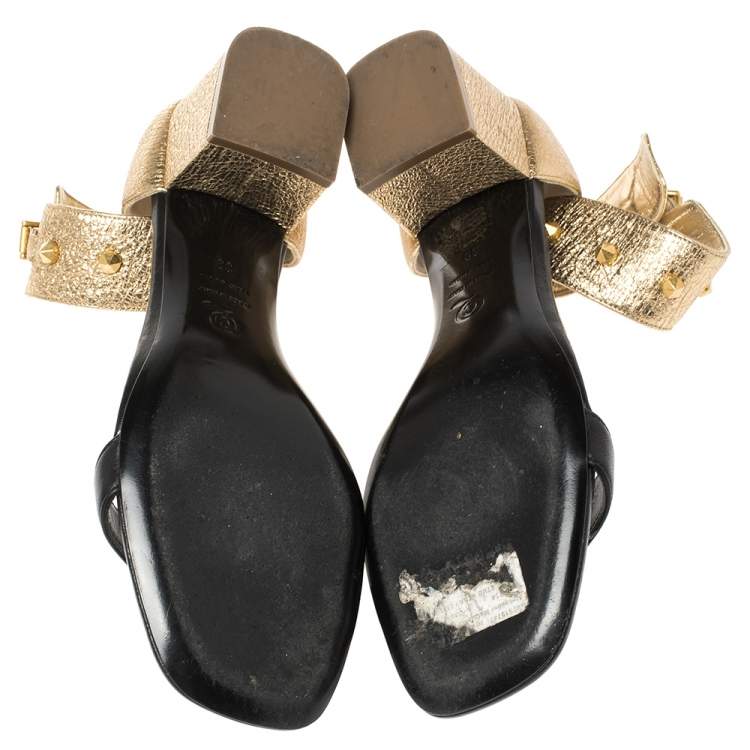 Pre Owned Alexander McQueen Gold/Black Leather Studded Ankle Wrap Sandals 39