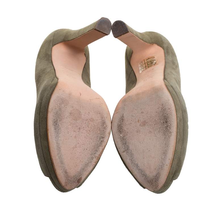Pre Owned Alexander McQueen Olive Green Suede Taupe Skull Peep Toe Pumps Size 36.5