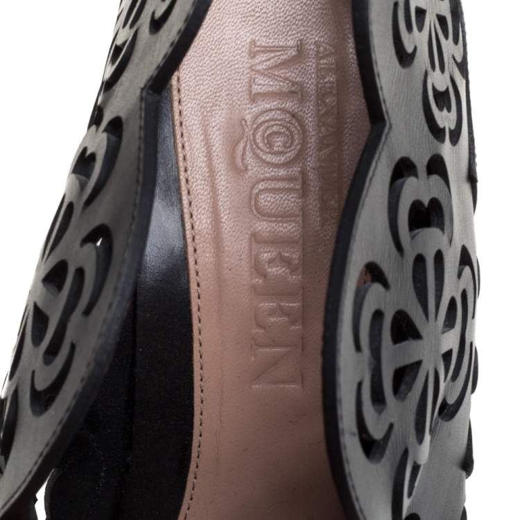Pre Owned Alexander McQueen Black Floral Laser Cut Leather Ankle Boots Size 39