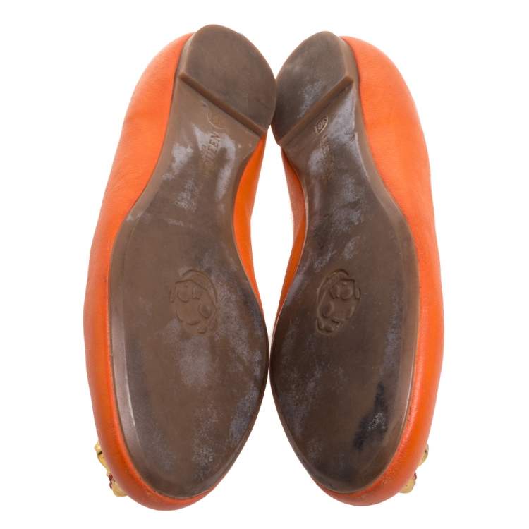 Pre Owned Alexander McQueen Orange Leather Skull Ballet Flats Size 38.5