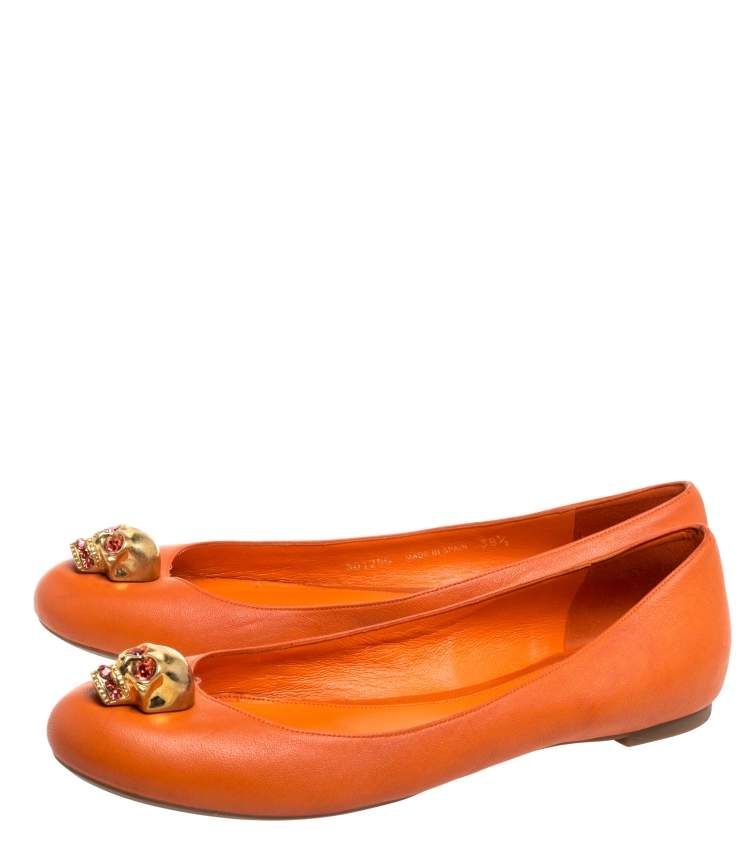 Pre Owned Alexander McQueen Orange Leather Skull Ballet Flats Size 38.5