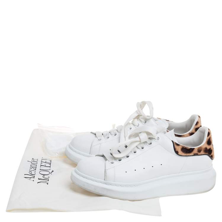 Pre Owned Alexander McQueen White Leather And Leopard Print Pony Hair Sneakers Size 38