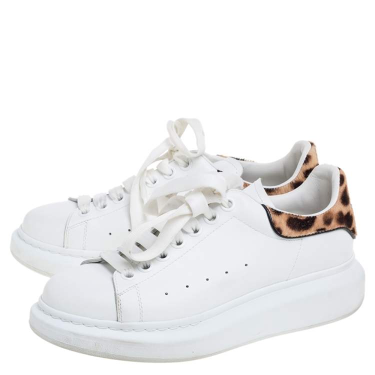 Pre Owned Alexander McQueen White Leather And Leopard Print Pony Hair Sneakers Size 38