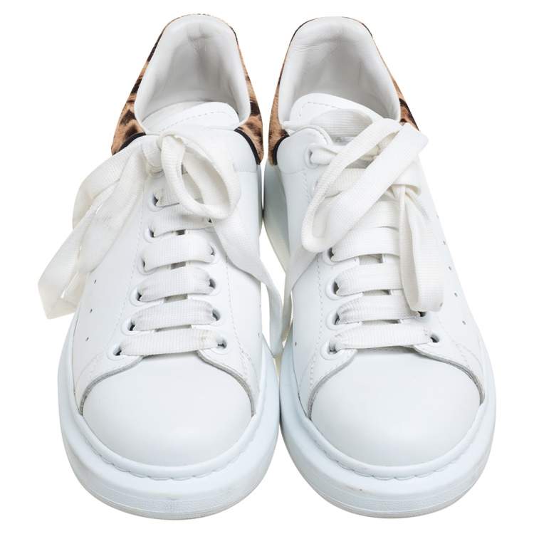 Pre Owned Alexander McQueen White Leather And Leopard Print Pony Hair Sneakers Size 38