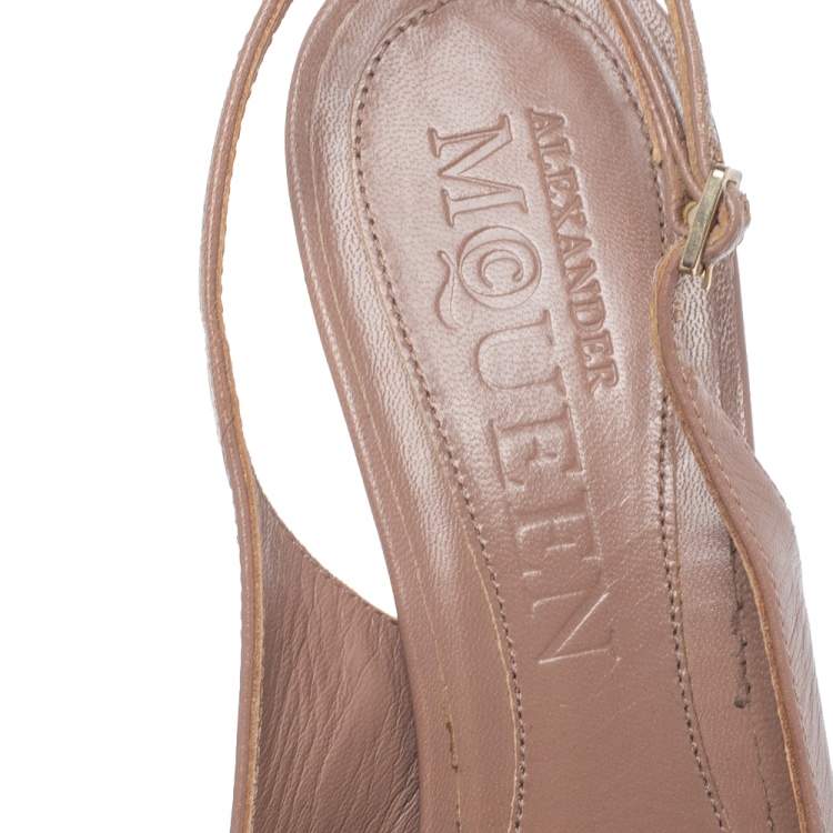 Pre Owned Alexander McQueen Brown Leather Skull Slingback Peep Toe Sandals Size 36
