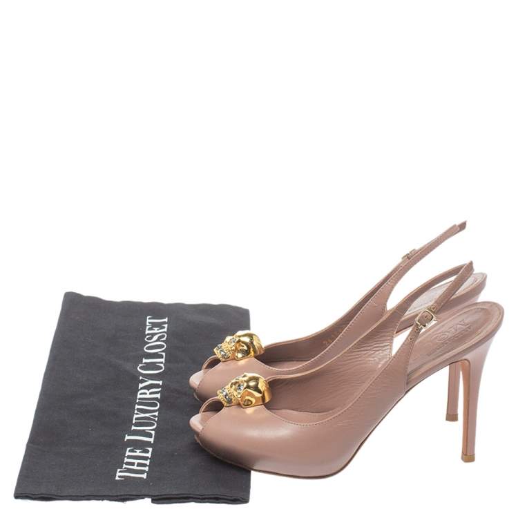 Pre Owned Alexander McQueen Brown Leather Skull Slingback Peep Toe Sandals Size 36