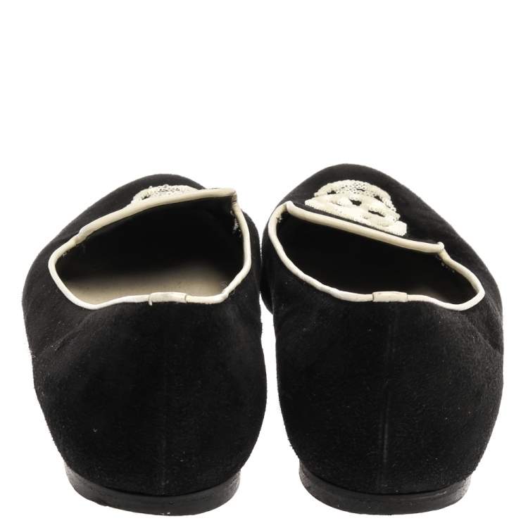 مملوكة مسبقًا Alexander McQueen Black Suede Leather Sequins Skull Embellished Smoking Slippers Size 38.5