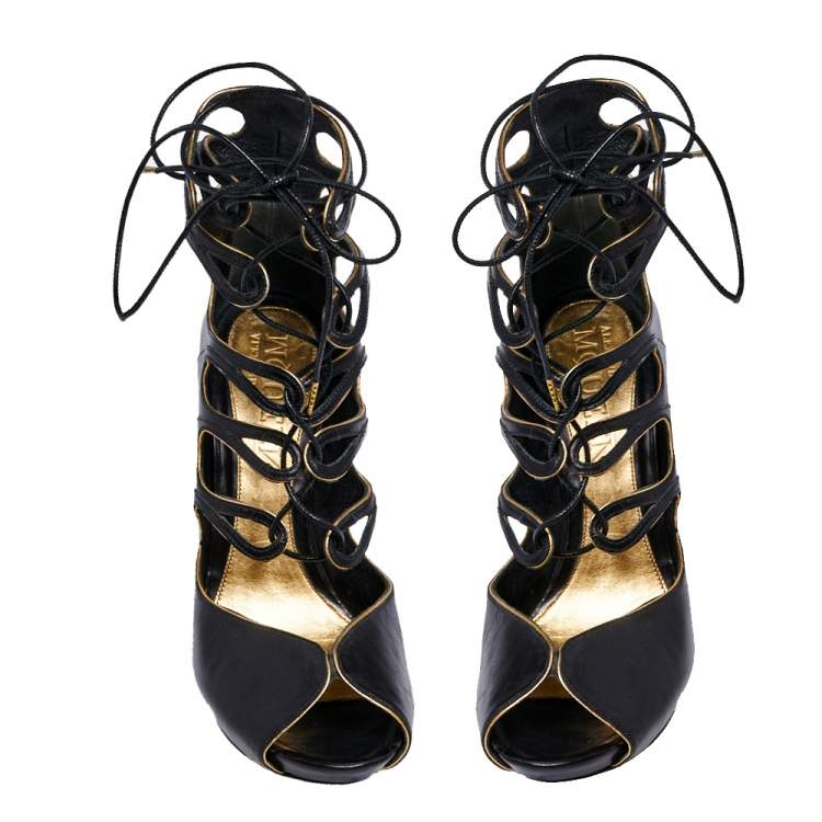 Pre Owned Alexander McQueen Black Leather Peep Toe Lace Up Sandals Size 39