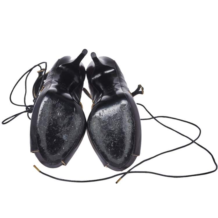 Pre Owned Alexander McQueen Black Leather Peep Toe Lace Up Sandals Size 39