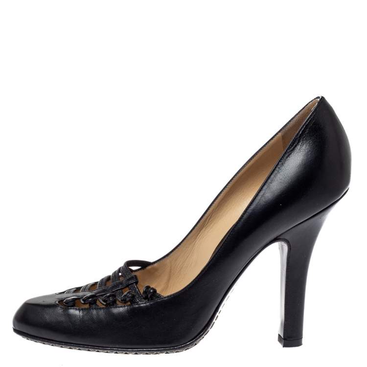 Pre Owned Alexander McQueen Black Leather Strappy Pumps Size 38.5