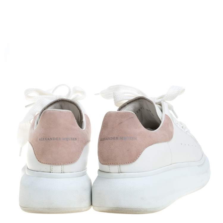 Pre Owned Alexander McQueen White/Pink Leather and Suede Larry Low Top Sneakers Size 39.5