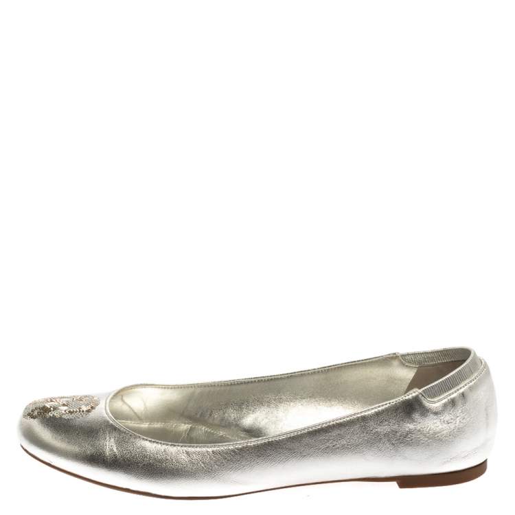 Pre Owned Alexander McQueen Silver Sequin Skull Ballet Flats Size 40
