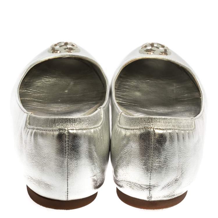 Pre Owned Alexander McQueen Silver Sequin Skull Ballet Flats Size 40