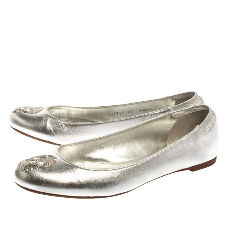 Pre Owned Alexander McQueen Silver Sequin Skull Ballet Flats Size 40