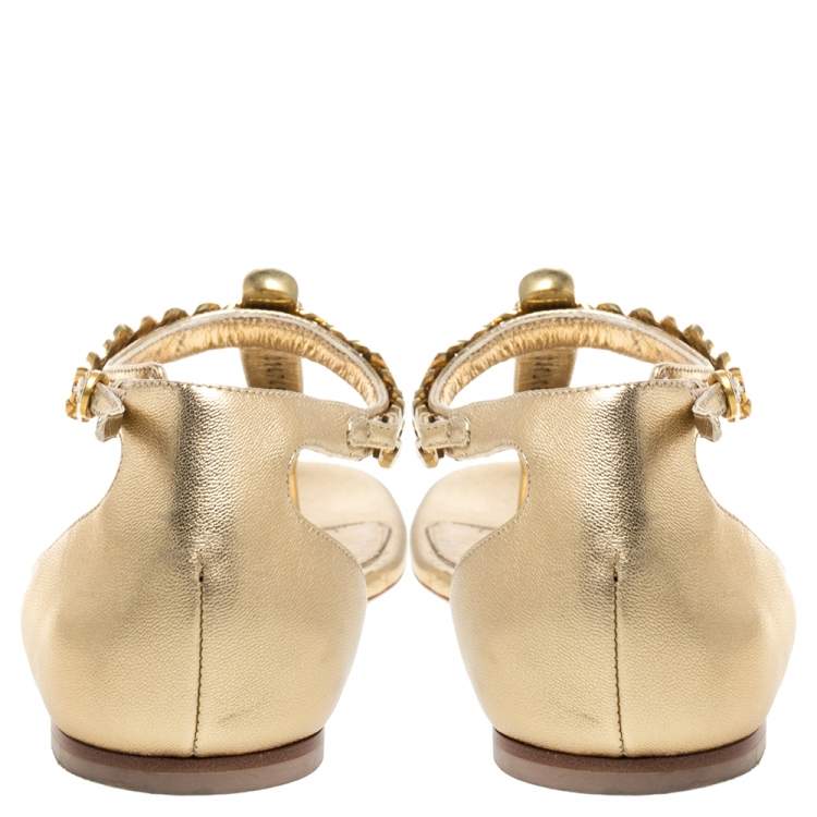 Pre Owned Alexander McQueen Gold Leather Skull Chain Thong Flat Sandals Size 39