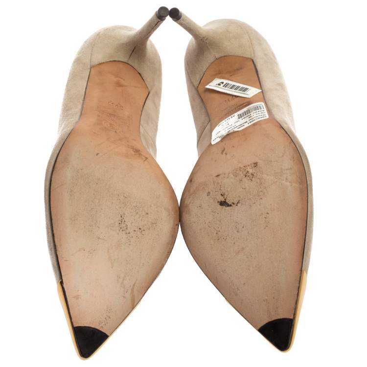 Pre Owned Alexander McQueen Beige Suede Leather Embellished Pointed Toe Pumps Size 37.5