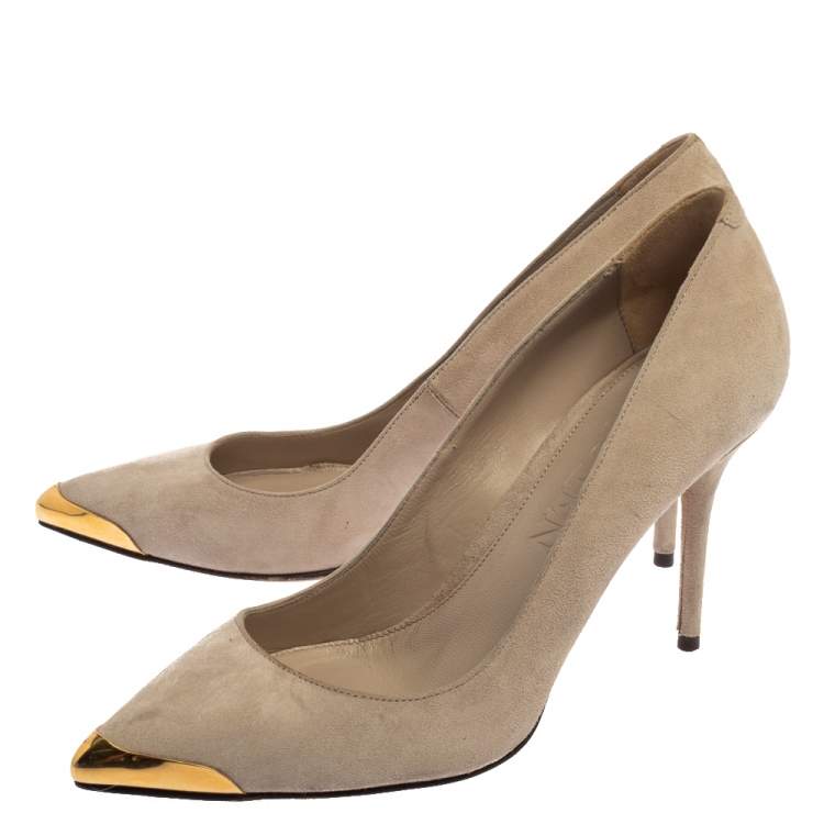 Pre Owned Alexander McQueen Beige Suede Leather Embellished Pointed Toe Pumps Size 37.5