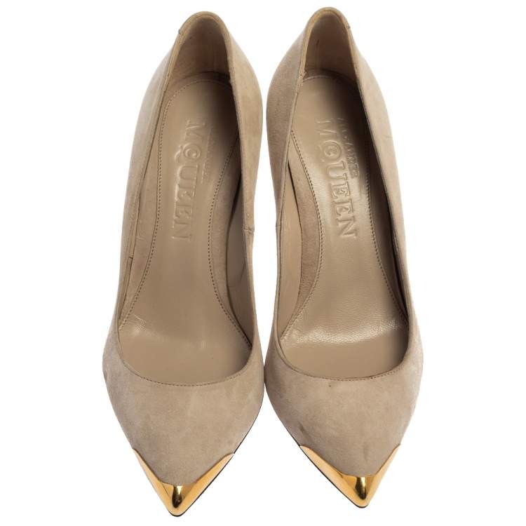 Pre Owned Alexander McQueen Beige Suede Leather Embellished Pointed Toe Pumps Size 37.5