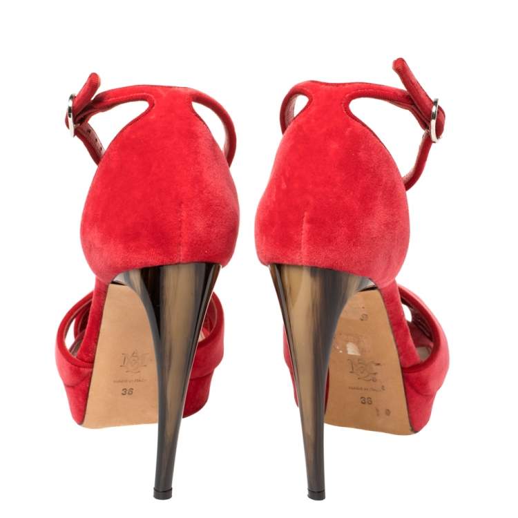 Pre Owned Alexander McQueen Red Velvet Horn Heel Ankle Strap Platform Sandals Size 36