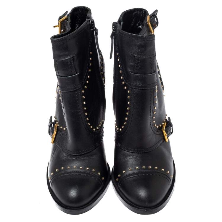 Pre Owned Alexander McQueen Black Leather Studded Block Heel Ankle Boots Size 36