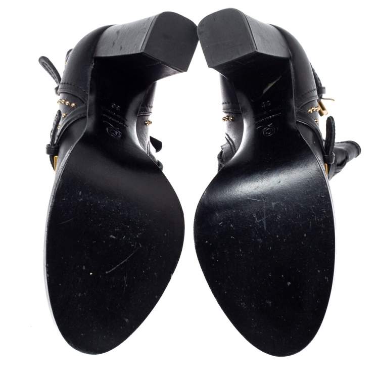 Pre Owned Alexander McQueen Black Leather Studded Block Heel Ankle Boots Size 36
