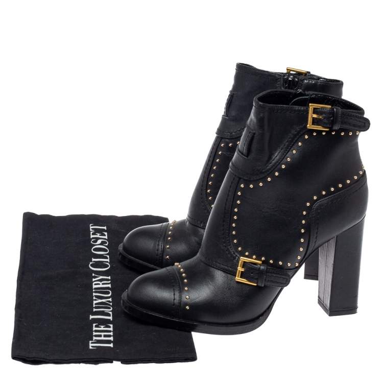 Pre Owned Alexander McQueen Black Leather Studded Block Heel Ankle Boots Size 36