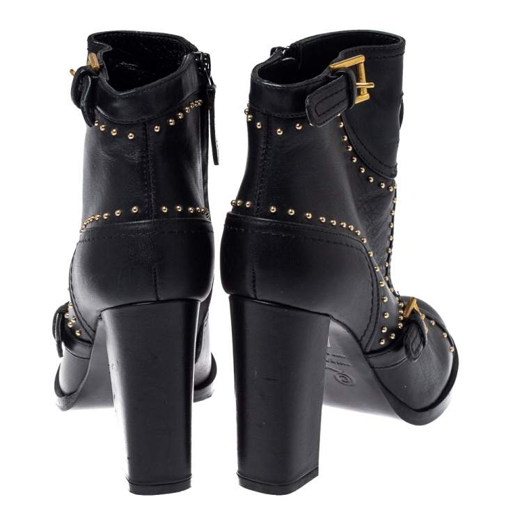 Pre Owned Alexander McQueen Black Leather Studded Block Heel Ankle Boots Size 36