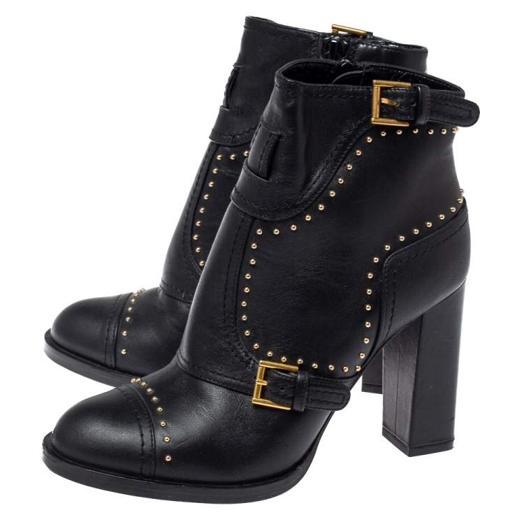 Pre Owned Alexander McQueen Black Leather Studded Block Heel Ankle Boots Size 36