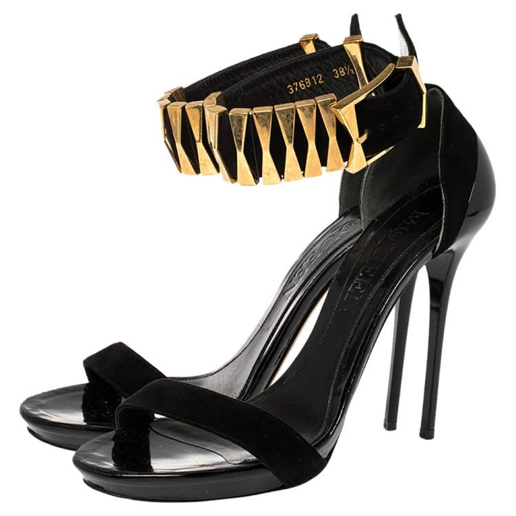 Pre Owned Alexander McQueen Black Suede Metal Ankle Strap Sandals Size 38.5