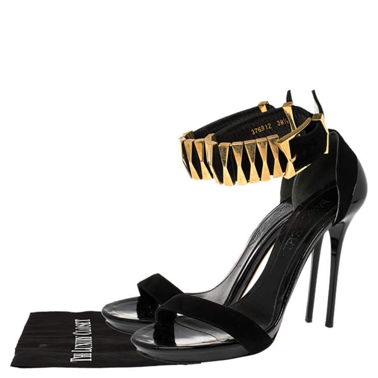 Pre Owned Alexander McQueen Black Suede Metal Ankle Strap Sandals Size 38.5