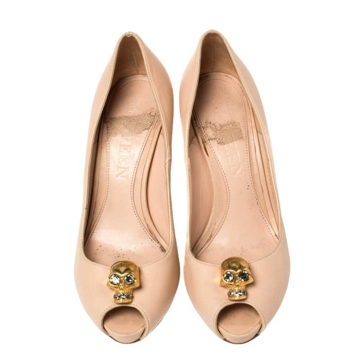 Pre Owned Alexander McQueen Dusty Pink Leather Crystal Embellished Skull Peep Toe Pumps Size 36.5