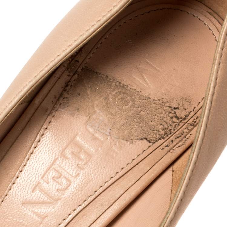 Pre Owned Alexander McQueen Dusty Pink Leather Crystal Embellished Skull Peep Toe Pumps Size 36.5