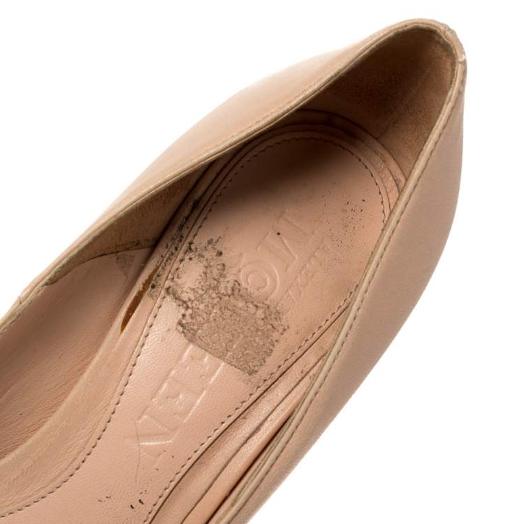 Pre Owned Alexander McQueen Dusty Pink Leather Crystal Embellished Skull Peep Toe Pumps Size 36.5