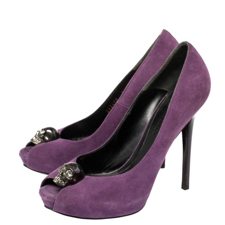 Pre Owned Alexander McQueen Purple Suede Skull Peep Toe Pumps Size 38