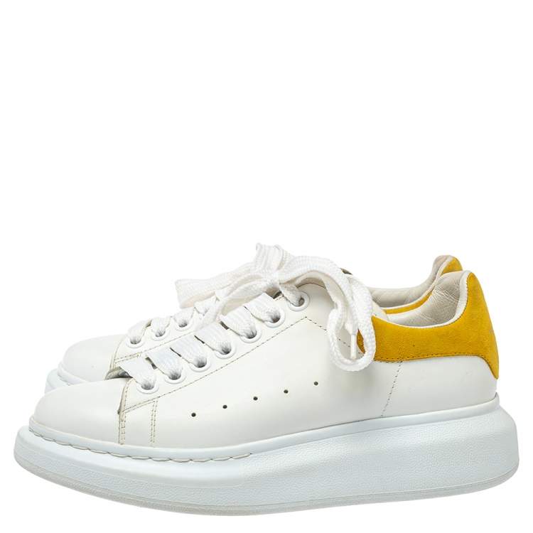 Pre Owned Alexander McQueen White/Yellow Leather And Suede Oversized Sneakers Size 37.5