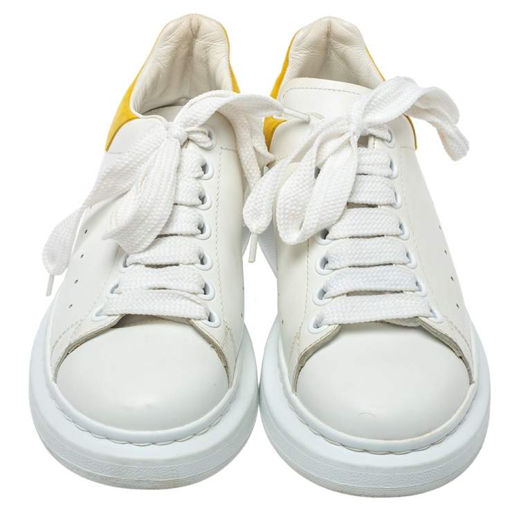 Pre Owned Alexander McQueen White/Yellow Leather And Suede Oversized Sneakers Size 37.5