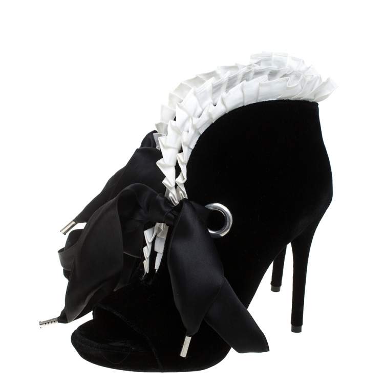 Pre Owned Alexander McQueen Black Velvet Frill Detail Open Toe Ankle Boots Size 36