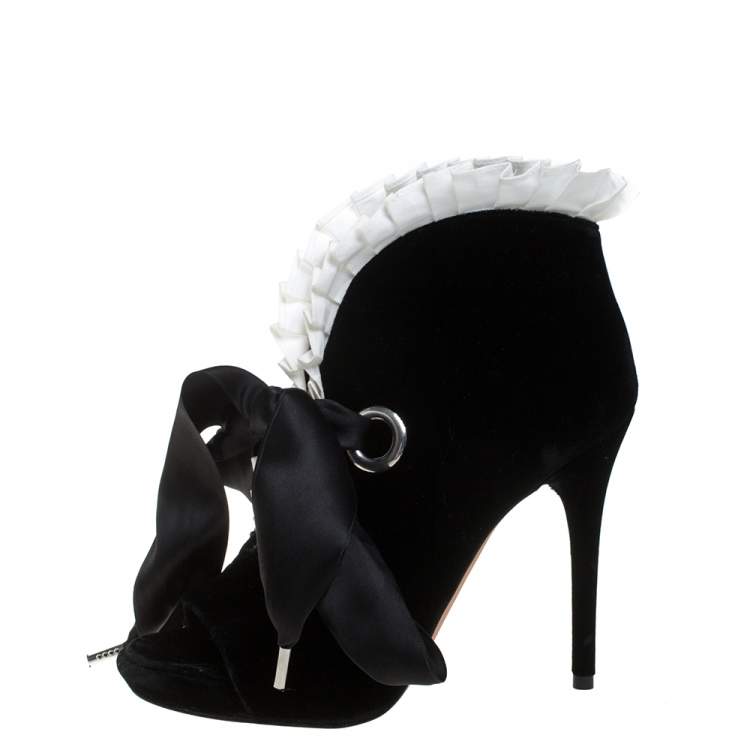 Pre Owned Alexander McQueen Black Velvet Frill Detail Open Toe Ankle Boots Size 36