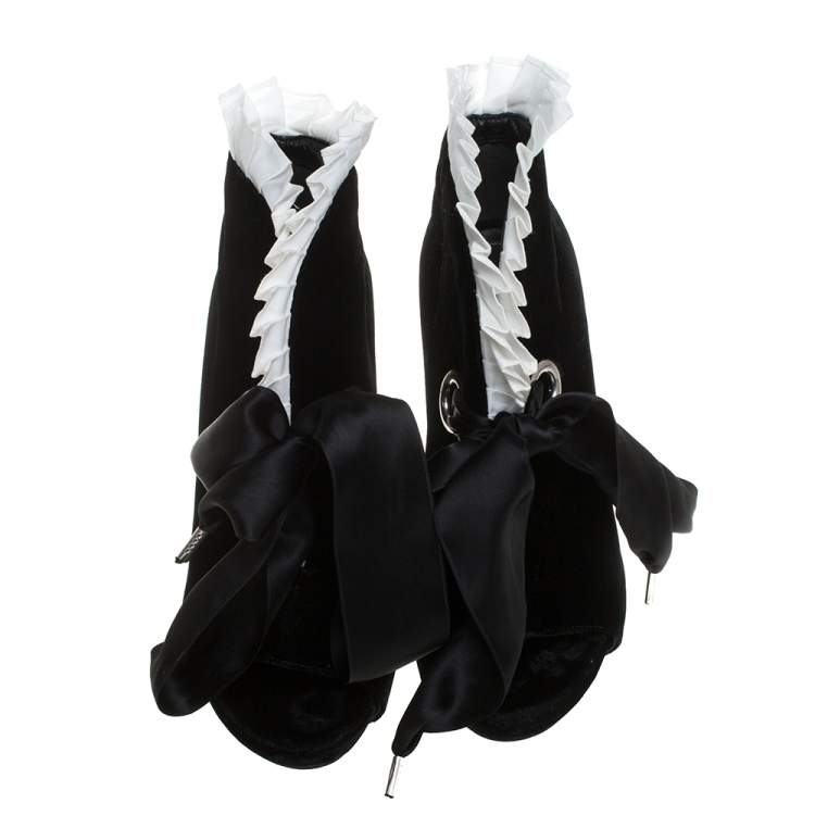 Pre Owned Alexander McQueen Black Velvet Frill Detail Open Toe Ankle Boots Size 36