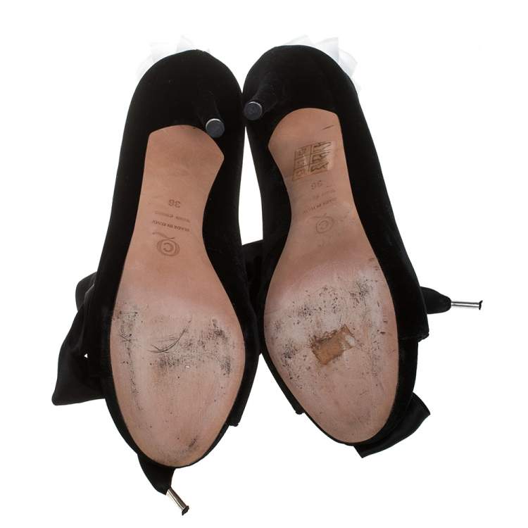 Pre Owned Alexander McQueen Black Velvet Frill Detail Open Toe Ankle Boots Size 36