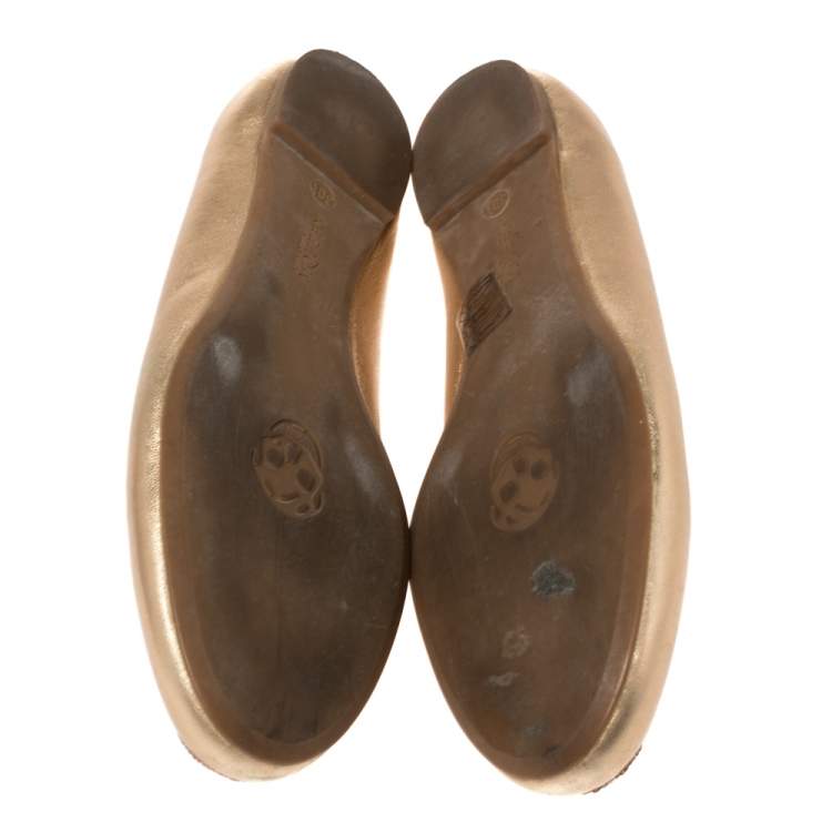 Pre Owned Alexander McQueen Gold Leather Sequin Skull Ballet Flats Size 39.5